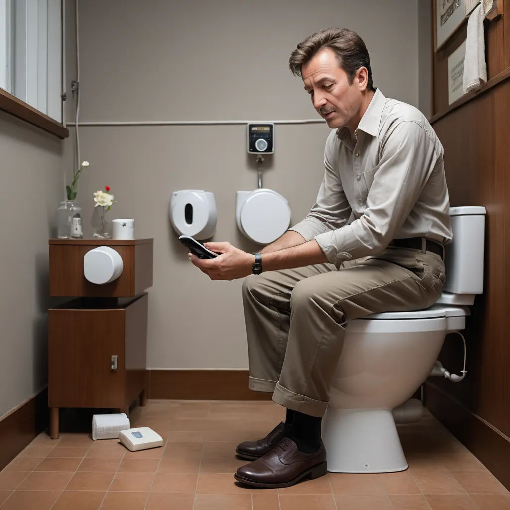 a man sitting on a toilet using a cell phone in a bathroom with a toilet paper dispenser, private press, a stock photo, Doug Ohlson, product photo