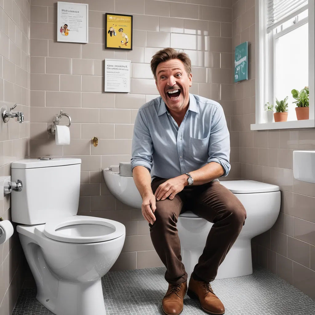 a man sitting on a toilet in a bathroom with a surprised look on his face and mouth, with a window above him, art brut, a stock photo, Dan Scott, promotional image