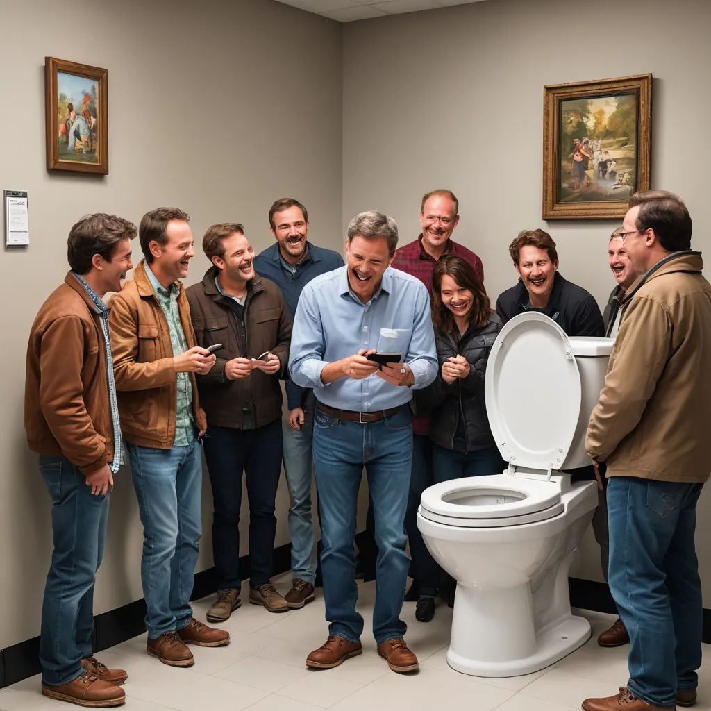 a group of people standing around a toilet in a room with a phone in it's mouth and a man on the phone, context art, a stock photo, David Teniers III, renaissance painting
