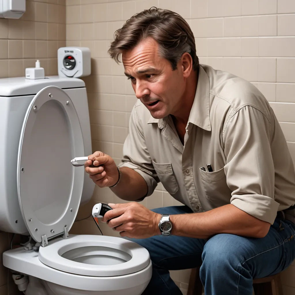 a man is sitting on a stool and looking at a toilet with a remote control in his hand and a hand on the seat, art informel, a stock photo, Doug Ohlson, product photo