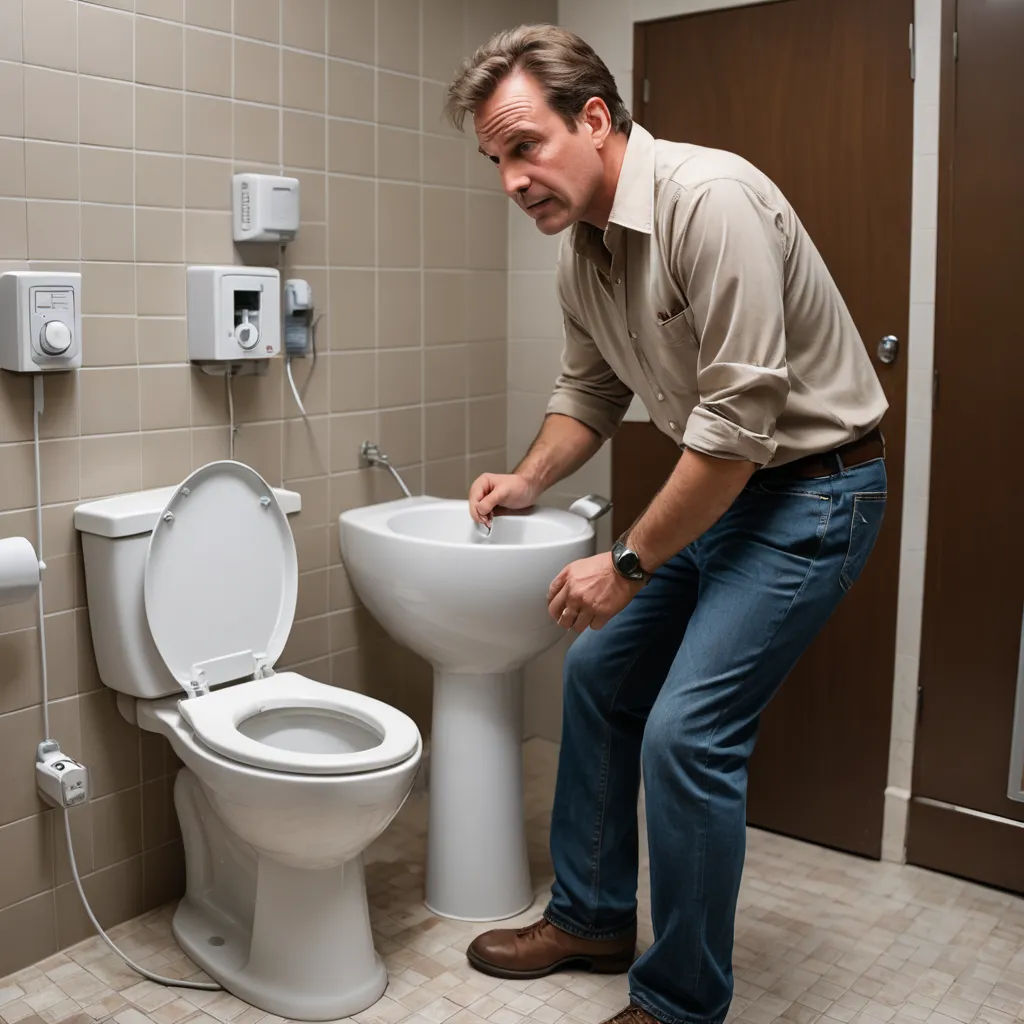 a man is standing over a toilet in a bathroom with a sink and toilet paper dispenser, shock art, a stock photo, Doug Ohlson, split lighting