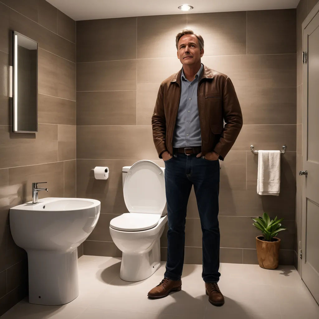 a man standing in a bathroom next to a toilet and sink with a plant in the corner of the room, light and space, a stock photo, Dan Scott, promotional image