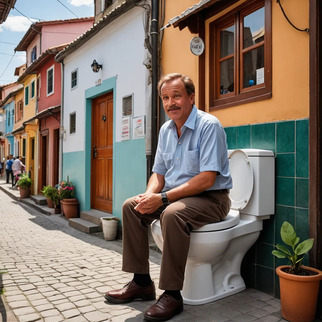 a man sitting on a toilet outside of a building with a potted plant in front of it and a potted plant in front of the toilet, magical realism, a stock photo, Bogi Fabian, award - winning photography