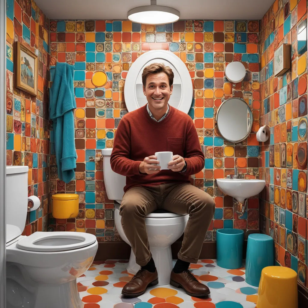 a man sitting on a toilet in a bathroom with a cup of coffee in his hand and a colorful tile wall behind him, art brut, a stock photo, Alan Sutherland, promotional image