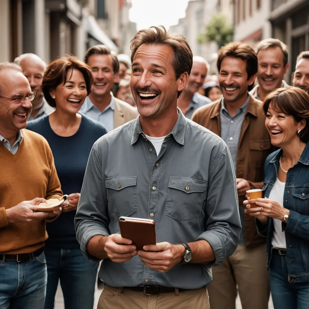 a group of people standing around a man holding a tablet computer and smiling at the camera with a group of people in the background, incoherents, a stock photo, Bourgeois, portrait photography