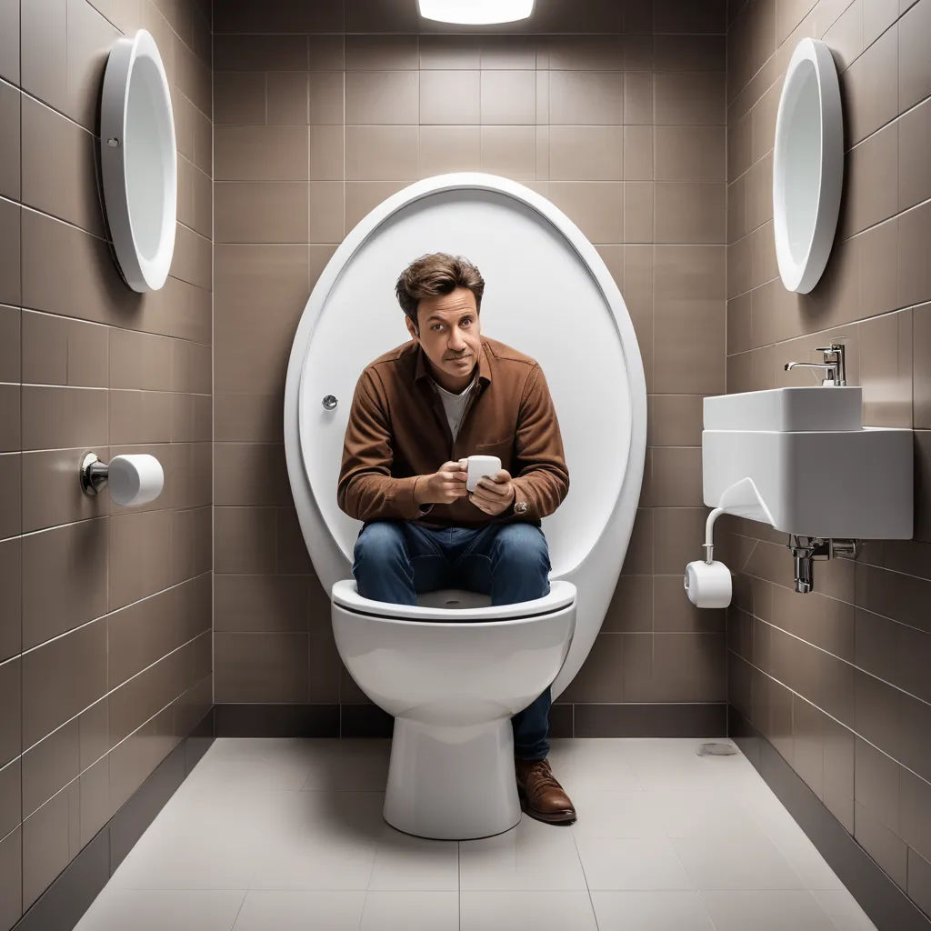 a man sitting on a toilet in a bathroom with a cup of coffee in his hand and a phone in his hand, arbeitsrat für kunst, a stock photo, Andries Stock, promotional image