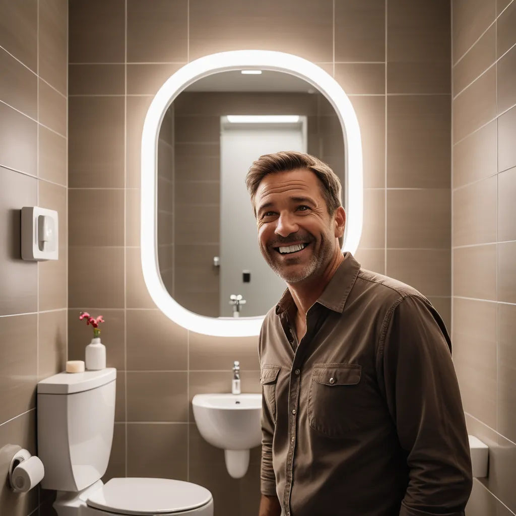 a man standing in a bathroom next to a toilet and a sink with a round mirror above it and a toilet paper dispenser, light and space, a stock photo, Alan Sutherland, professional lighting