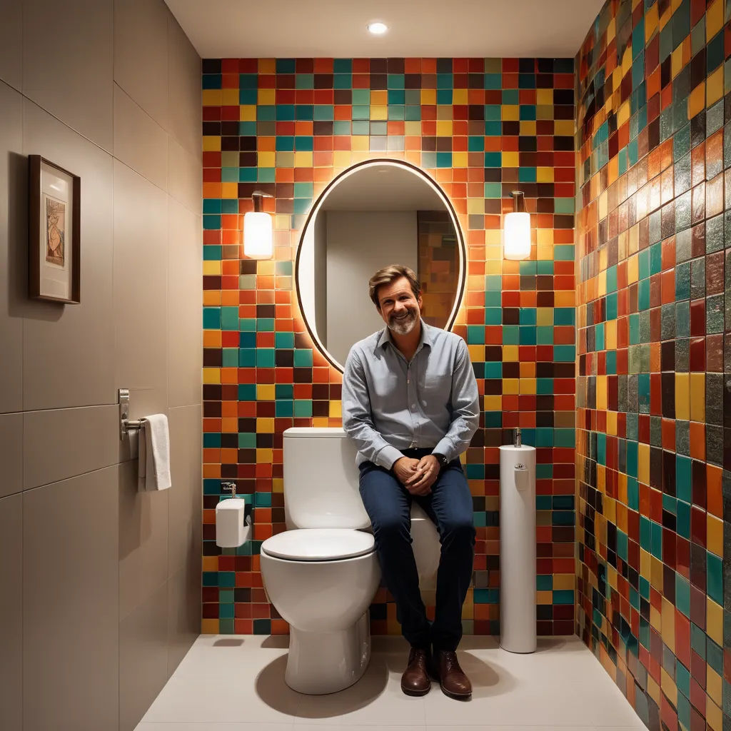 a man sitting on a toilet in a bathroom with a colorful tile wall behind him and a round mirror above it, art brut, a character portrait, André Castro, behance hd