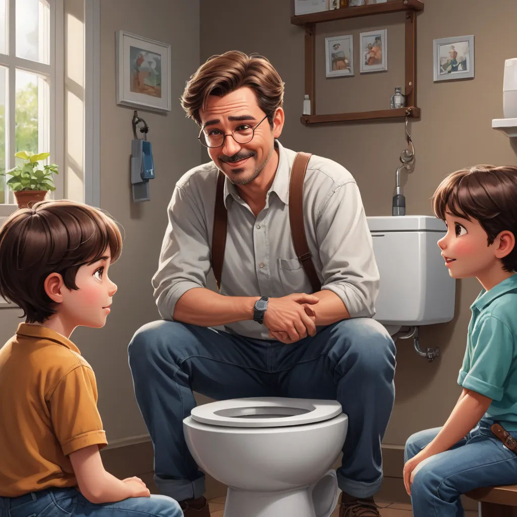a man sitting on a toilet with two children looking at him and a boy sitting on the toilet seat, sots art, a storybook illustration, F. Scott Hess, storybook illustration