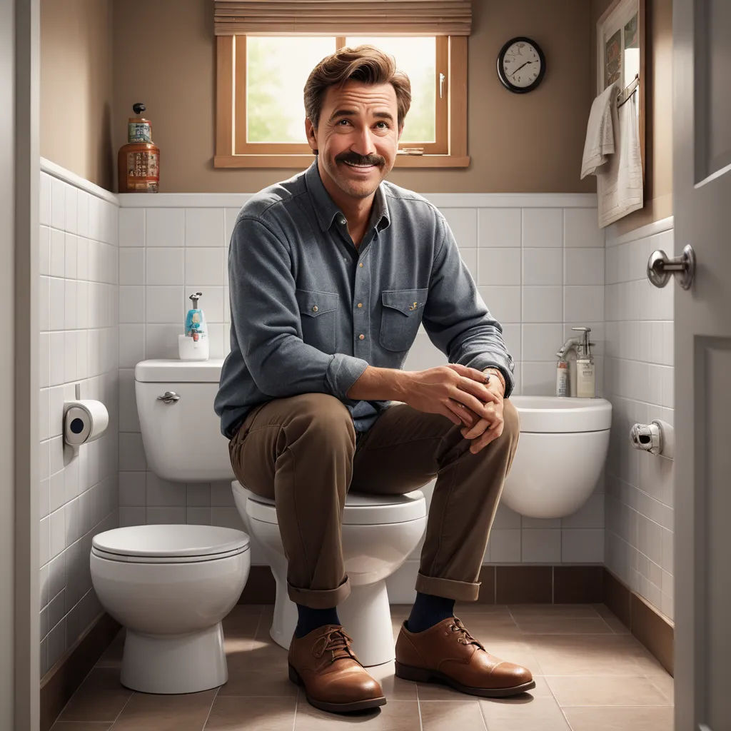 a man sitting on a toilet in a bathroom with a window above it and a clock above the toilet, lowbrow, a stock photo, Dennis Flanders, promotional image