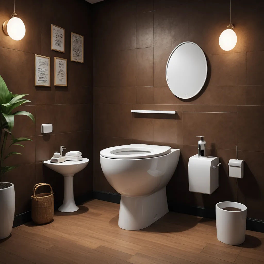 a bathroom with a toilet, sink, and mirror in it's corner with a plant in the corner, photorealism, a 3D render, Andries Stock, unreal engine 5 highly rendered