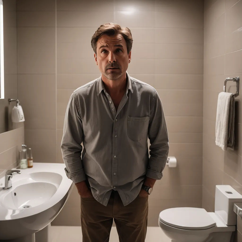 a man standing in a bathroom next to a sink and toilet with a mirror above it and a toilet paper roll on the wall, new objectivity, a poster, David Annand, promotional image