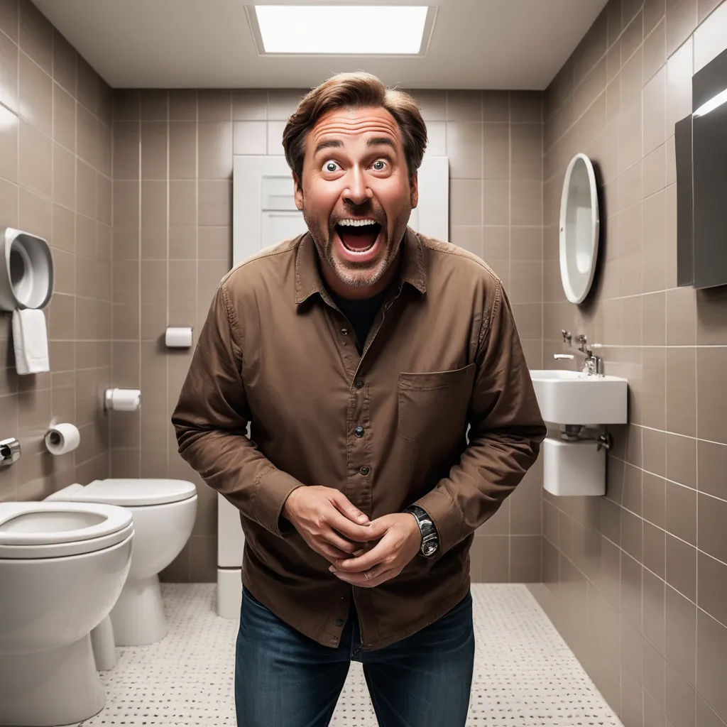 a man in a bathroom with a surprised look on his face and hands in his pockets, standing in front of a toilet, art brut, a stock photo, Eric Taylor, promotional image