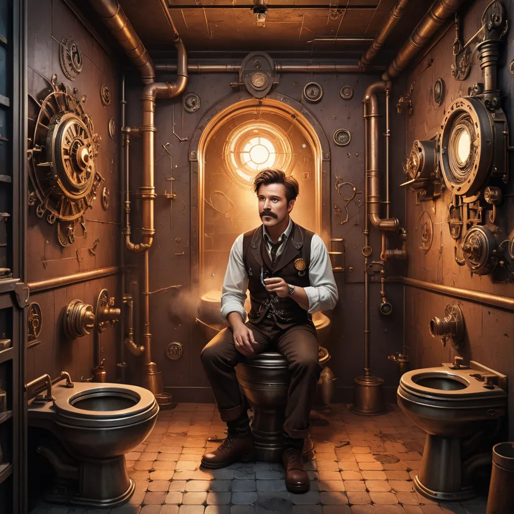 a man sitting on a toilet in a bathroom with a window and a steampunking toilet in the background, art photography, a storybook illustration, Chris LaBrooy, steampunk