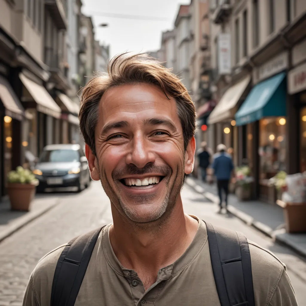 a man with a backpack smiles at the camera on a street in a city with buildings and people in the background, les automatistes, a character portrait, Bernd Fasching, portrait photography