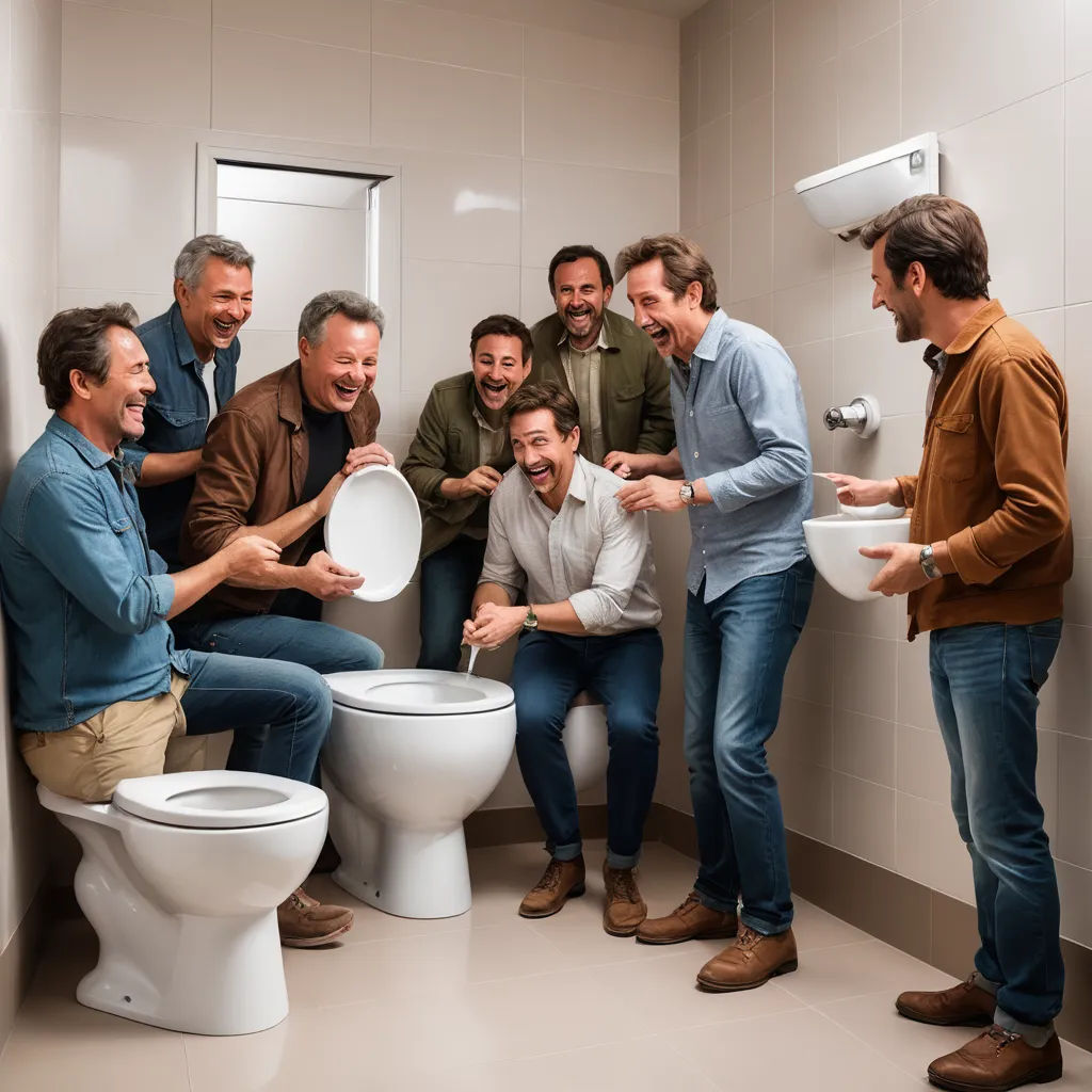 a group of men standing around a toilet in a bathroom with a man holding a bowl and a toilet seat, art brut, a stock photo, Aquirax Uno, promotional image