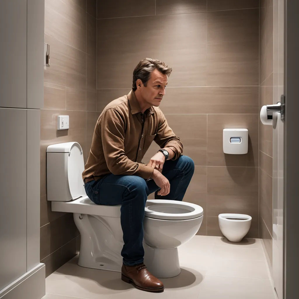 a man sitting on a toilet in a bathroom stall with a toilet paper dispenser in the corner, verdadism, a stock photo, Dan Scott, product photo
