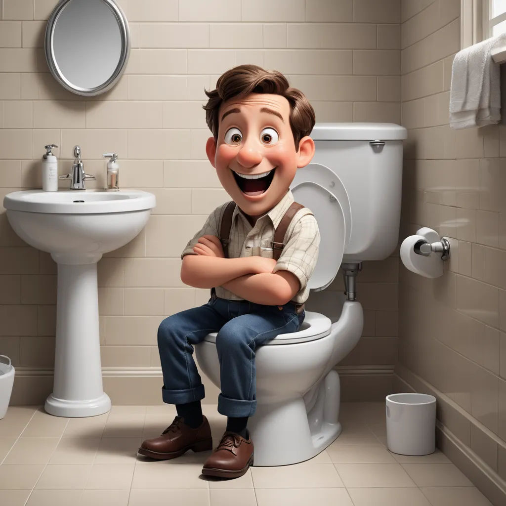a cartoon man sitting on a toilet in a bathroom with a sink and toilet paper on the wall behind him, photorealism, a stock photo, Cliff Childs, pixar and disney animation