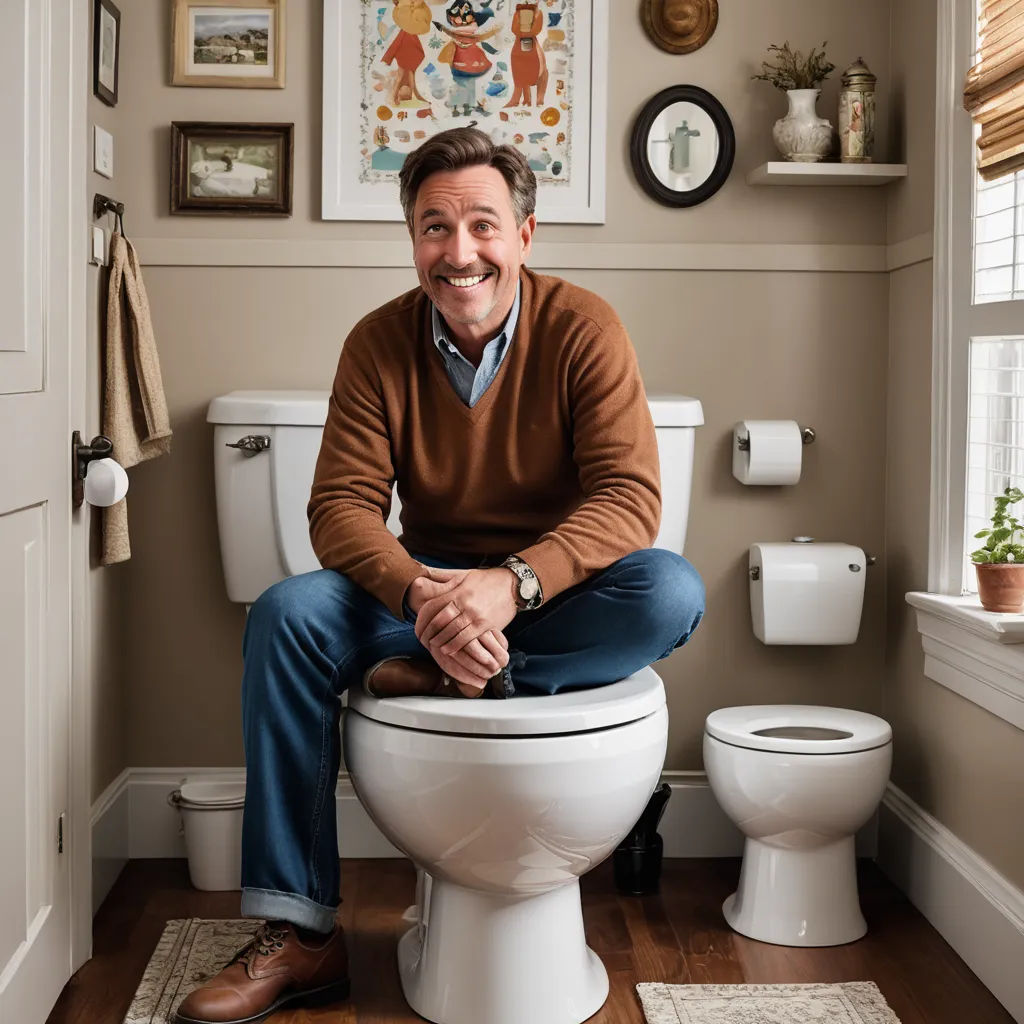 a man sitting on a toilet in a bathroom with a brown sweater and blue jeans and brown shoes on, art brut, a stock photo, Doug Ohlson, promotional image