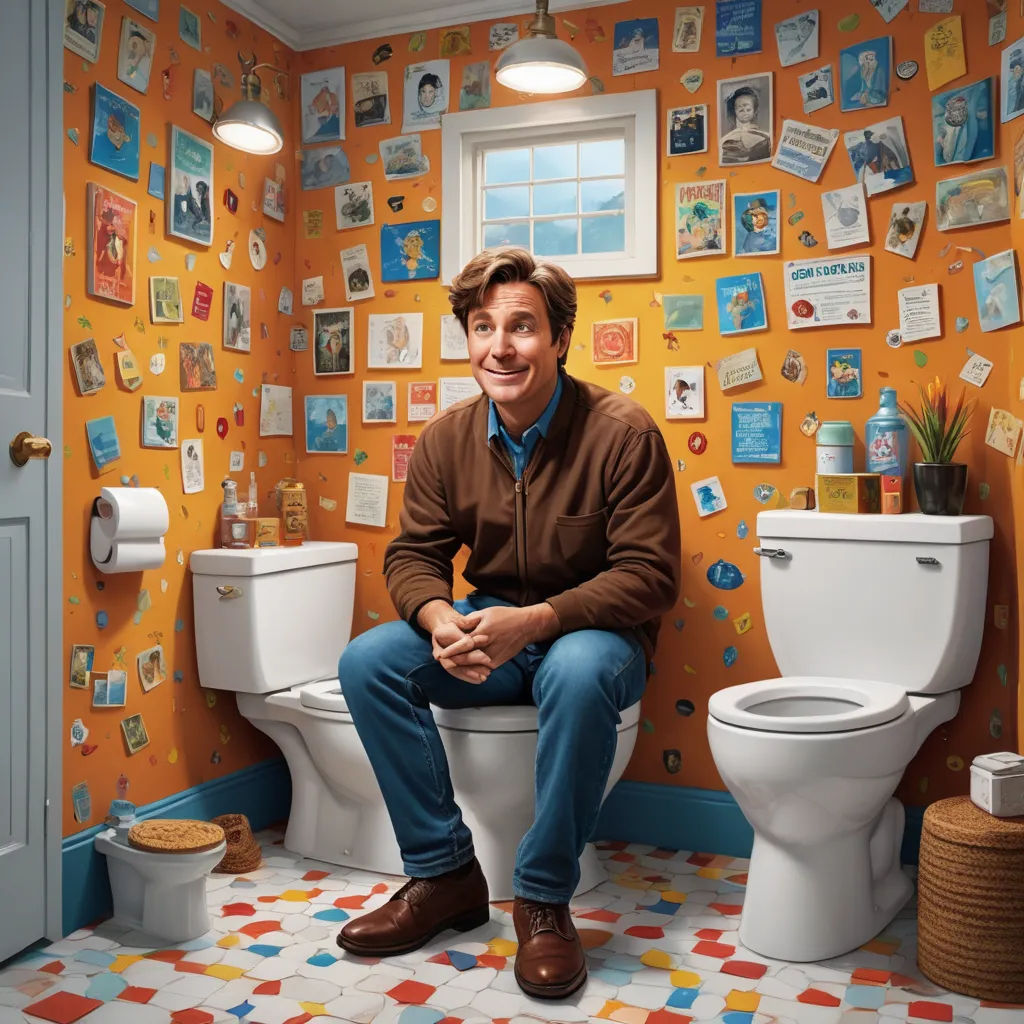 a man sitting on a toilet in a bathroom with a lot of pictures on the wall behind him and a basket of toilet paper, folk art, a storybook illustration, Doug Ohlson, promotional image