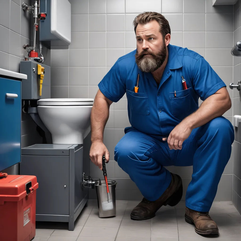 a man in a blue uniform is holding a tool and a can in front of a toilet in a bathroom, arbeitsrat für kunst, a stock photo, Artur Grottger, product photography
