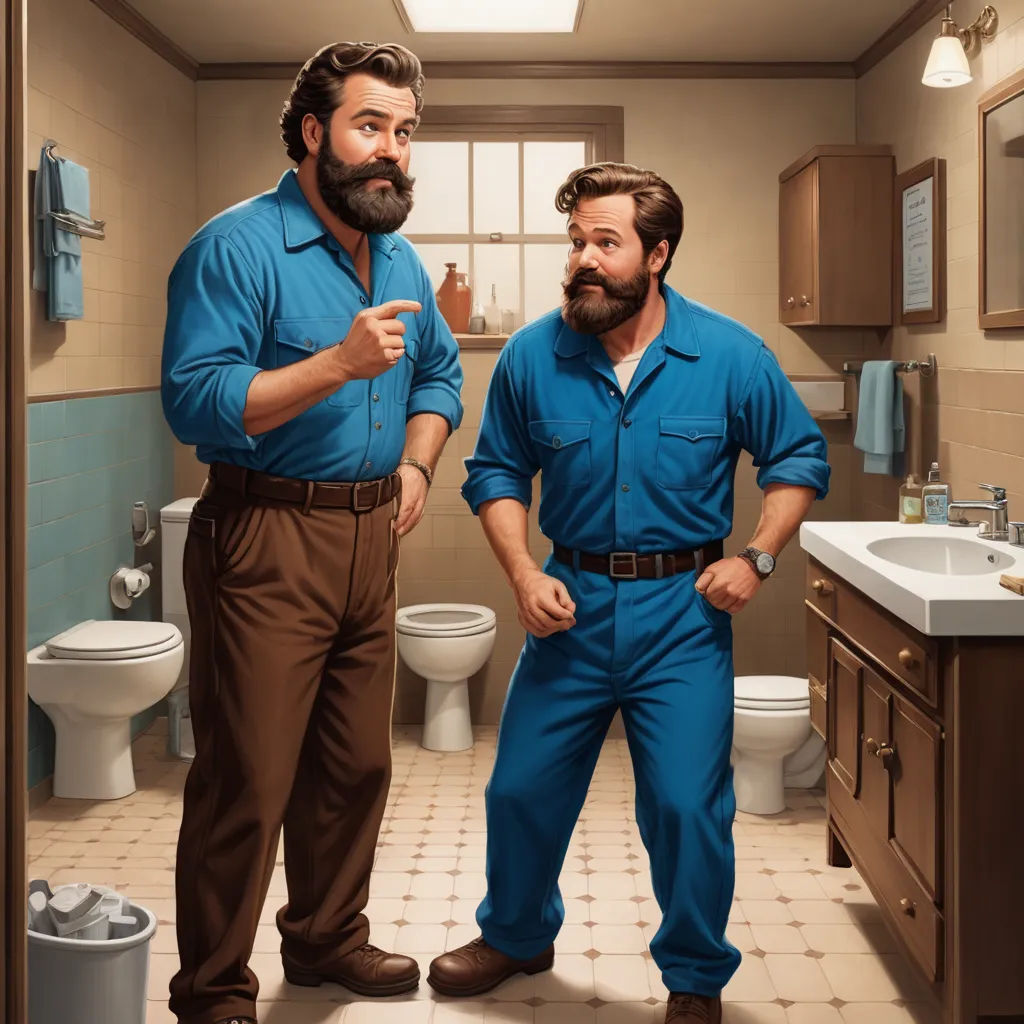 a painting of two men in a bathroom with a toilet and sink in the background, one of them is pointing at the other, american scene painting, an ultrafine detailed painting, Brothers Hildebrandt, highly detailed digital painting