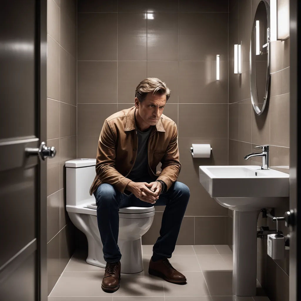 a man sitting on a toilet in a bathroom next to a sink and a mirror with lights on it, light and space, a stock photo, Dan Scott, promotional image