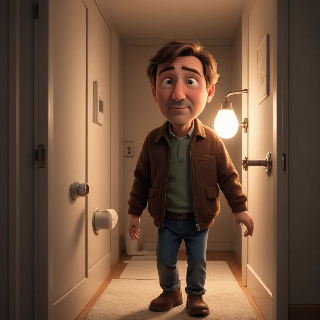 a cartoon character is standing in a hallway with a light on and a door open to a hallway with a door way, photorealism, a character portrait, disney, pixar and disney animation
