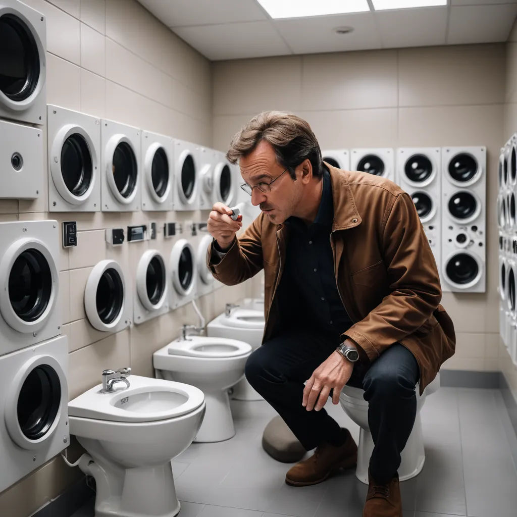 a man squatting down in a bathroom with a bunch of washers and a toilet in front of him, private press, a stock photo, Constant Permeke, arthouse