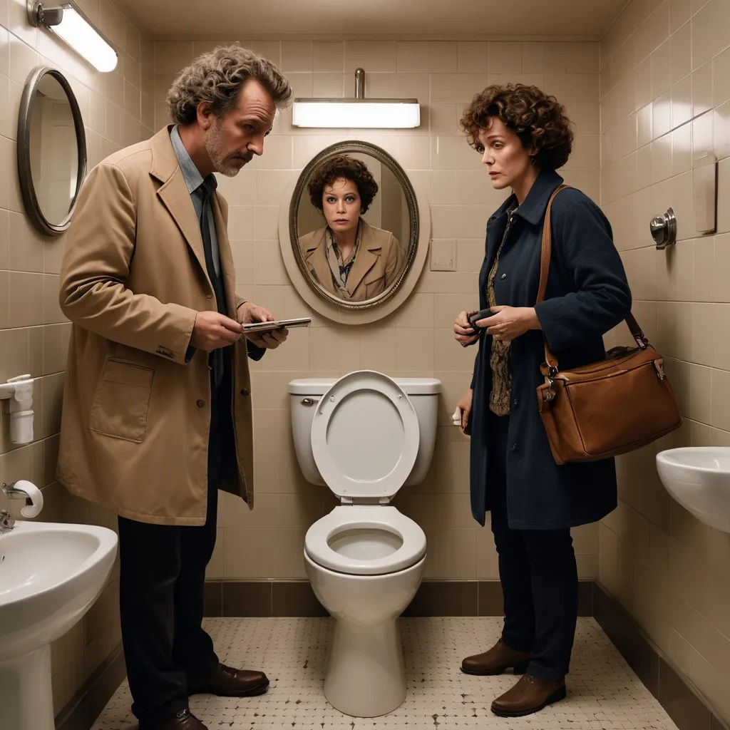 a man and woman standing in a bathroom looking at a phone and a toilet with a mirror on the wall, serial art, a poster, Daphne Fedarb, promotional image