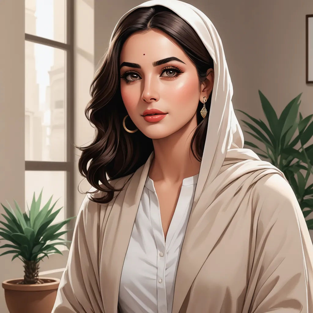 a woman in a white robe and a potted plant in a room with a window and a potted plant, serial art, a character portrait, Charlie Bowater, rpg portrait