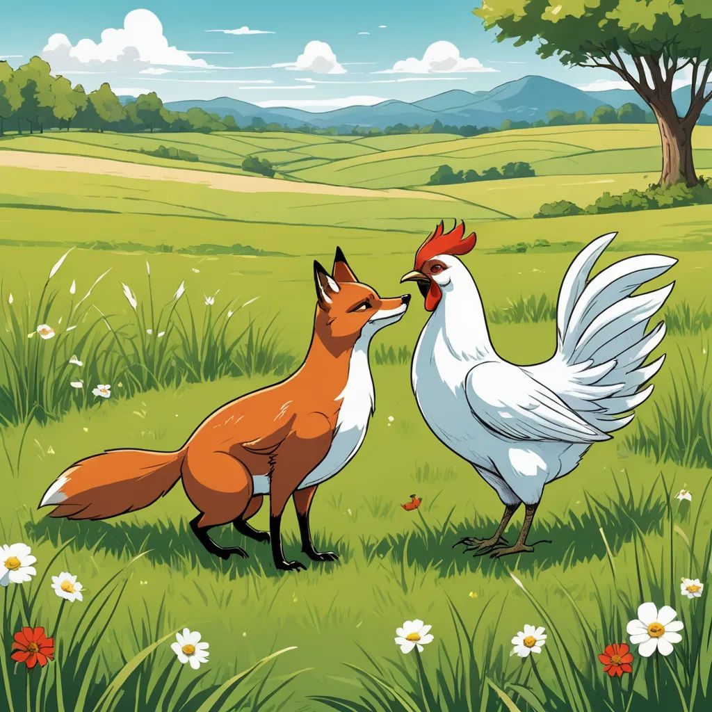 a couple of birds standing on top of a lush green field next to a forest and a field of flowers, lyco art, a storybook illustration, Florianne Becker, storybook illustration