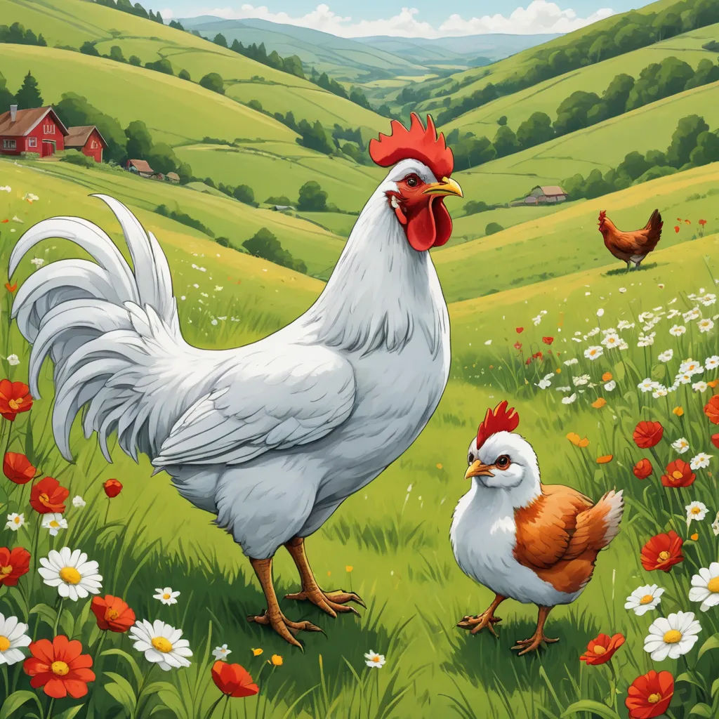 a painting of two chickens in a field of flowers and grass with a farm in the background and a red barn in the distance, folk art, a storybook illustration, Chris LaBrooy, storybook illustration