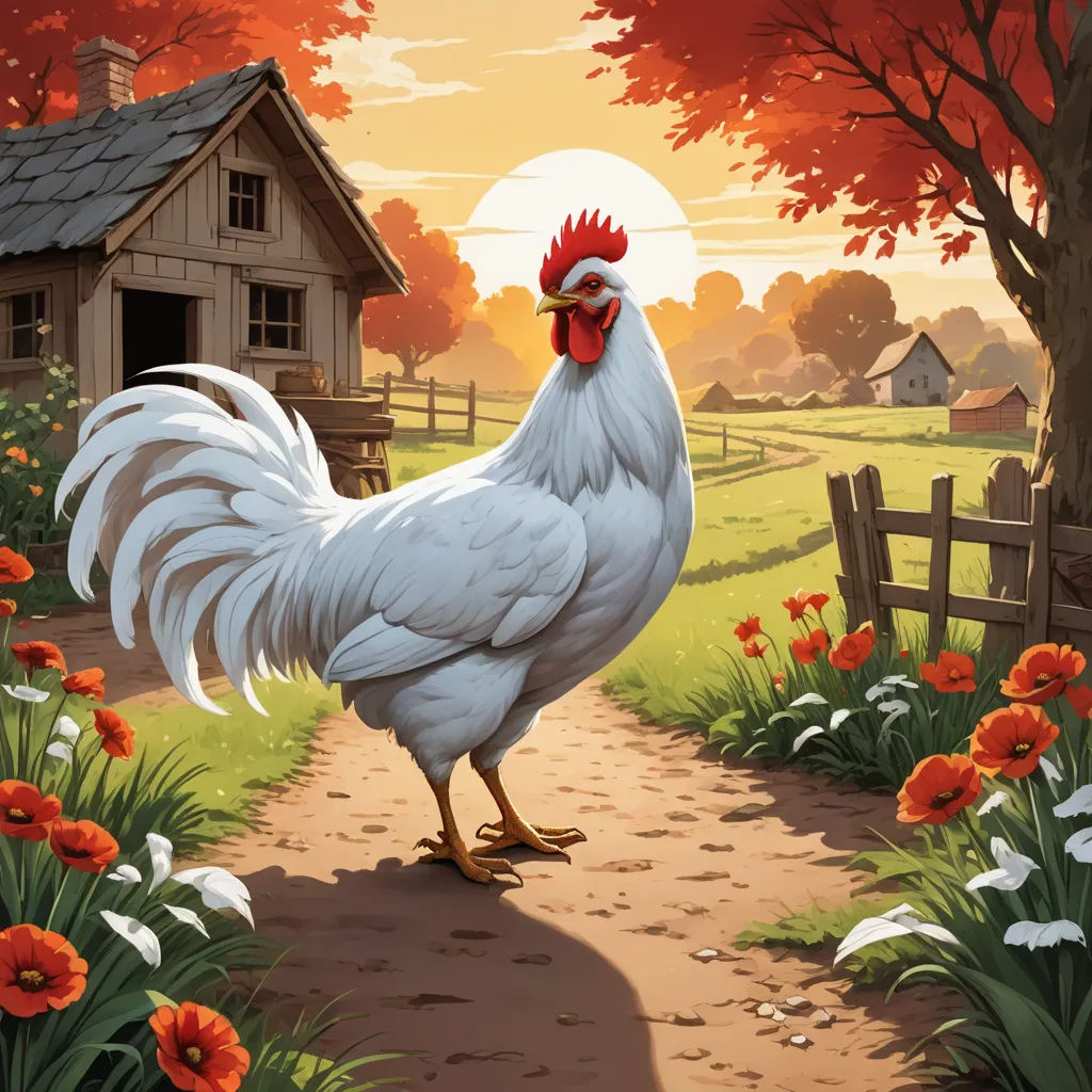 a rooster is standing on a path in a field of flowers and a house in the background with a fence, symbolism, a storybook illustration, Chris LaBrooy, storybook illustration