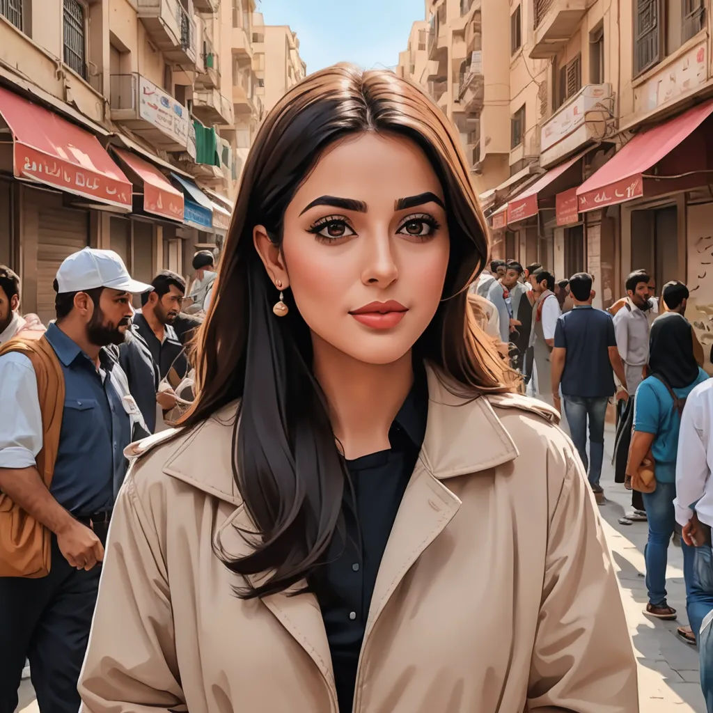 a woman in a trench coat is standing in a crowded street with people in the background and a man in a hat is standing behind her, aestheticism, a photorealistic painting, Ambreen Butt, promotional image