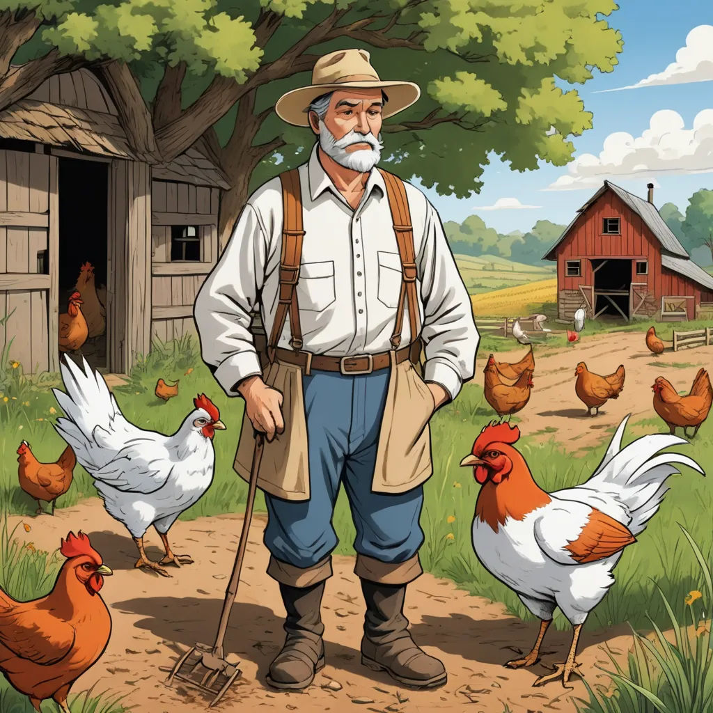 a man standing in a field with chickens and a rake in his hand and a barn in the background, american impressionism, a storybook illustration, Dan Content, 2 d game art
