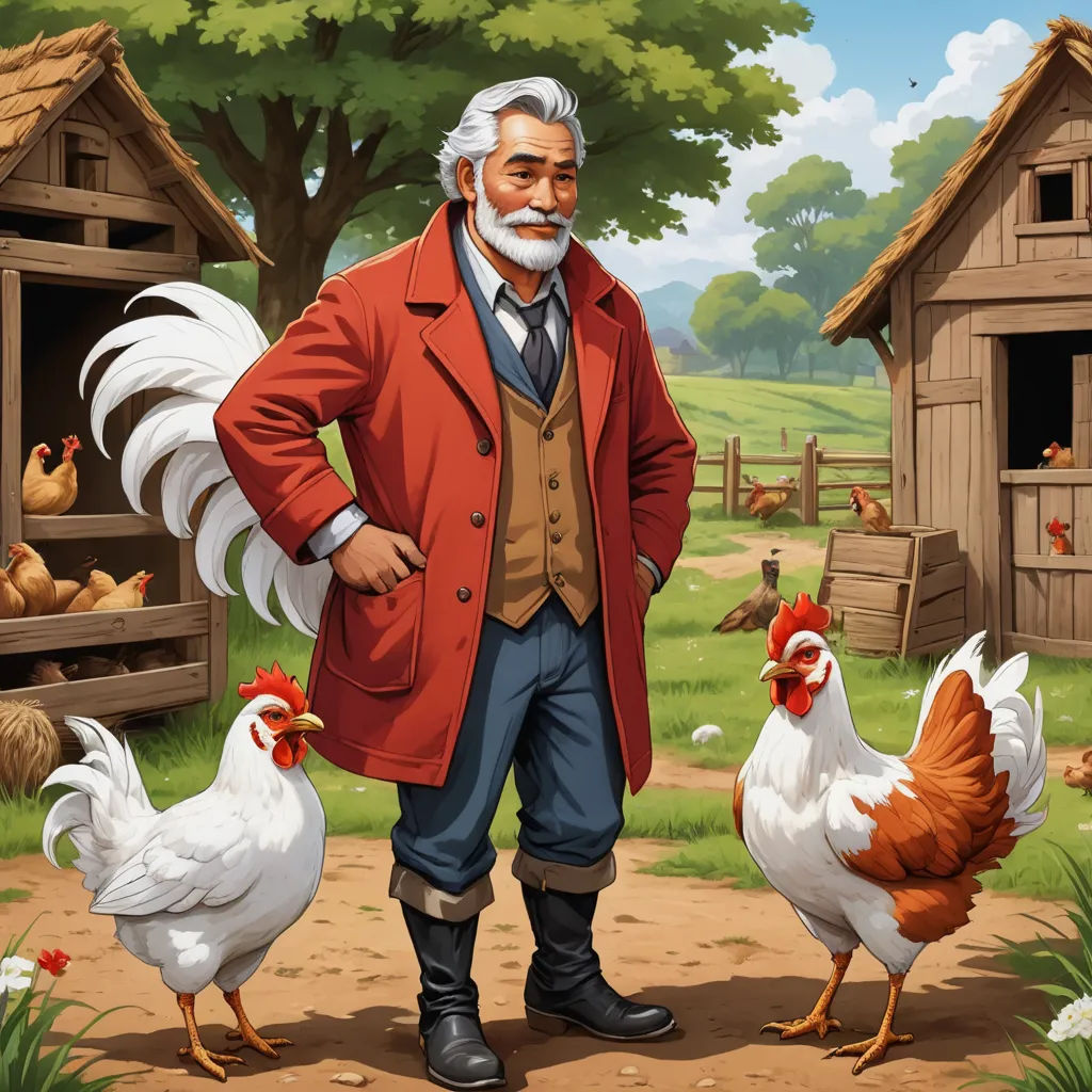 a man standing in front of a chicken coop with chickens nearby on a farm with a chicken in the foreground, sots art, a character portrait, Dan Content, game art