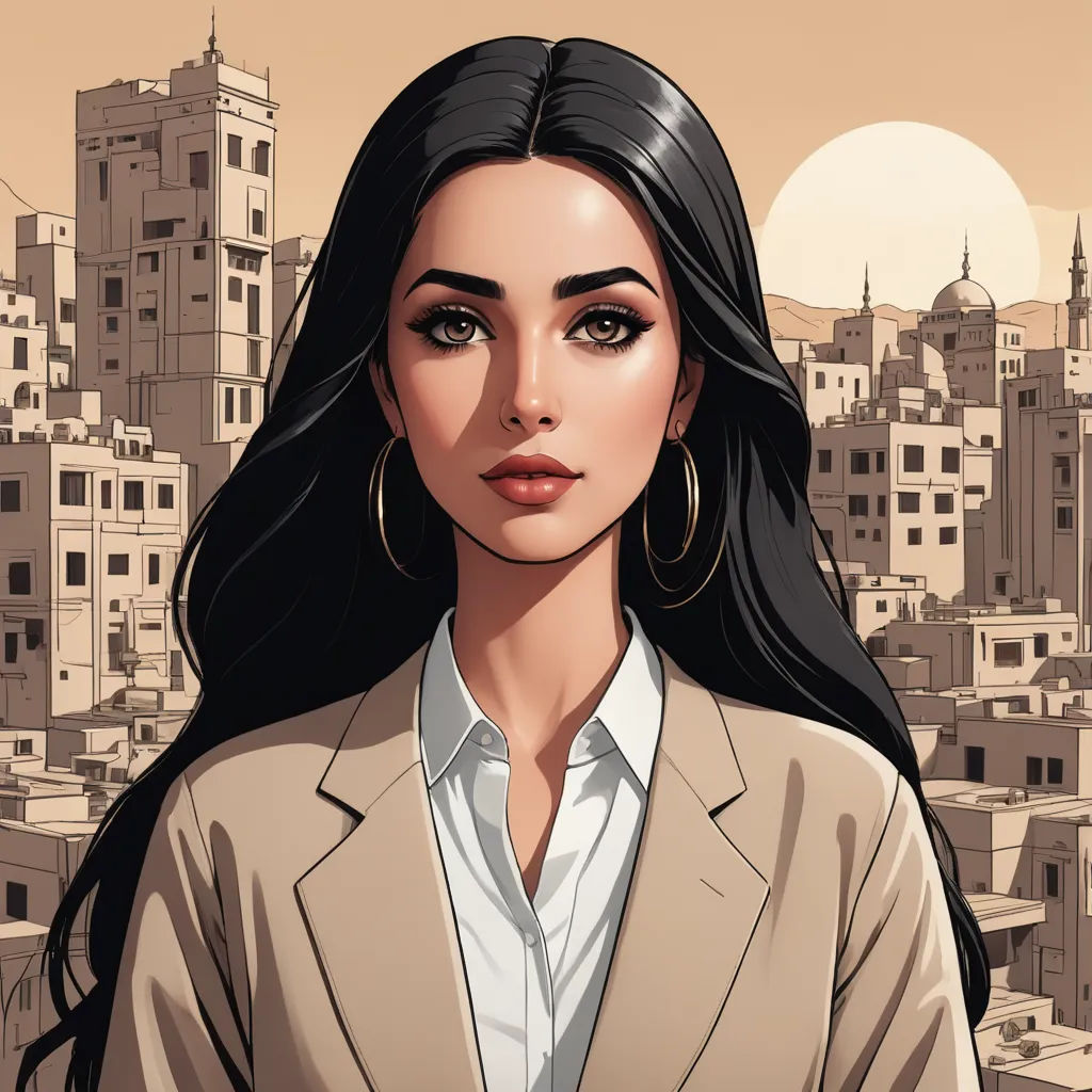 a woman in a suit standing in front of a cityscape with buildings and a sun in the background, serial art, a character portrait, Colin Middleton, comic cover art