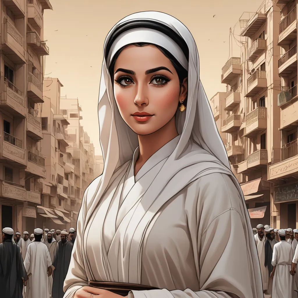 a woman in a nun outfit standing in a crowd of people in a city with buildings in the background, serial art, a character portrait, Charlie Bowater, trending on art station