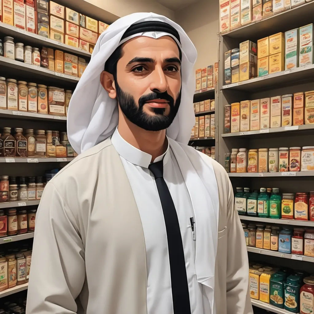 a man in a store with a beard and a black tie standing in front of shelves of food and spices, international typographic style, a hyperrealistic painting, Fathi Hassan, hyper real