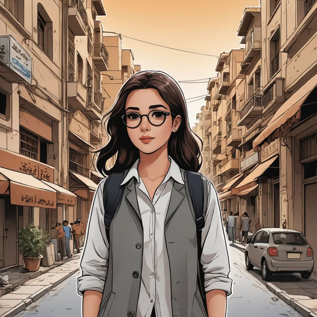 a woman with glasses and a backpack is walking down the street in a city with buildings and cars on both sides, art & language, a comic book panel, Atey Ghailan, graphic novel