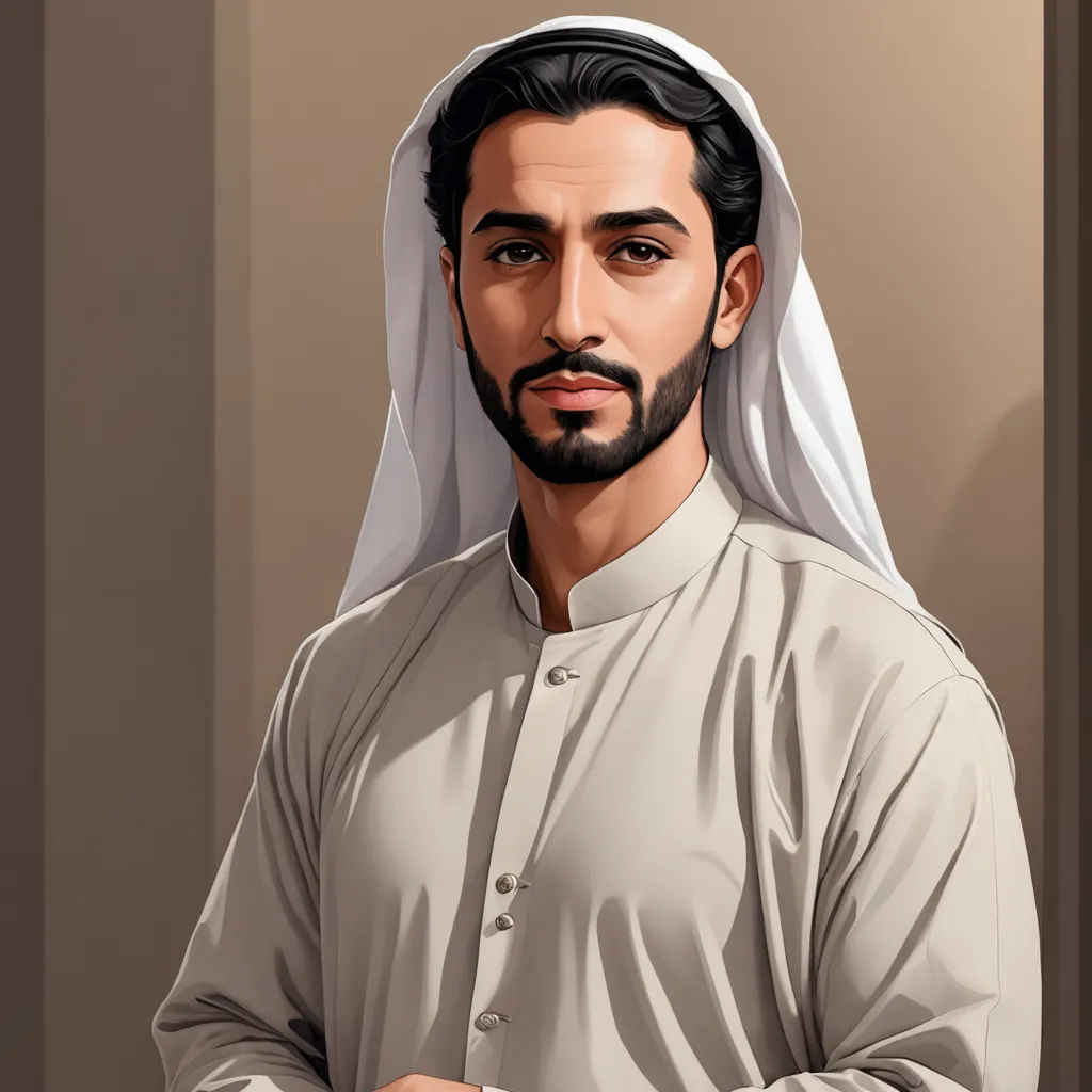 a man with a beard and a white robe on his head is standing in a room with a brown wall, hurufiyya, a character portrait, Ahmed Karahisari, character portrait
