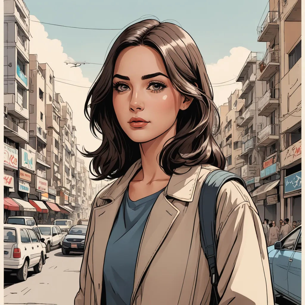 a woman standing on a street with a city in the background and a car parked on the side of the road, serial art, a comic book panel, Atey Ghailan, stanley artgerm lau
