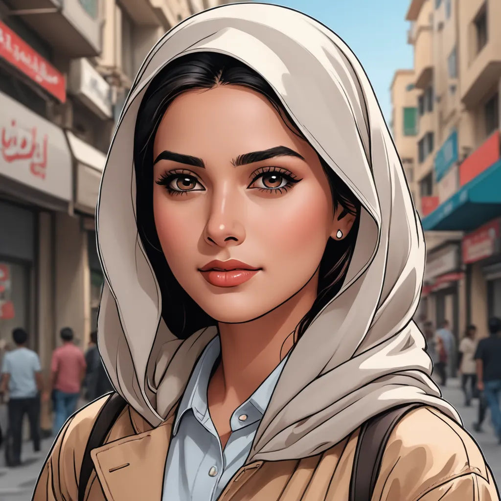 a woman in a headscarf is standing on a street corner with people walking by and buildings in the background, serial art, a comic book panel, Elina Karimova, hyper realistic face