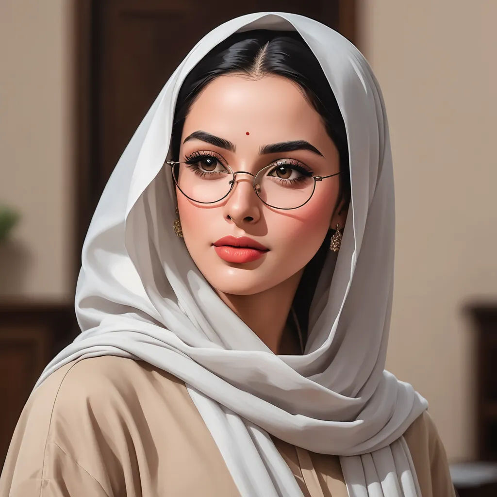 a woman wearing glasses and a white scarf on her head and a brown shirt on her shoulders and a white scarf on her head, hurufiyya, a photorealistic painting, Elina Karimova, glasses