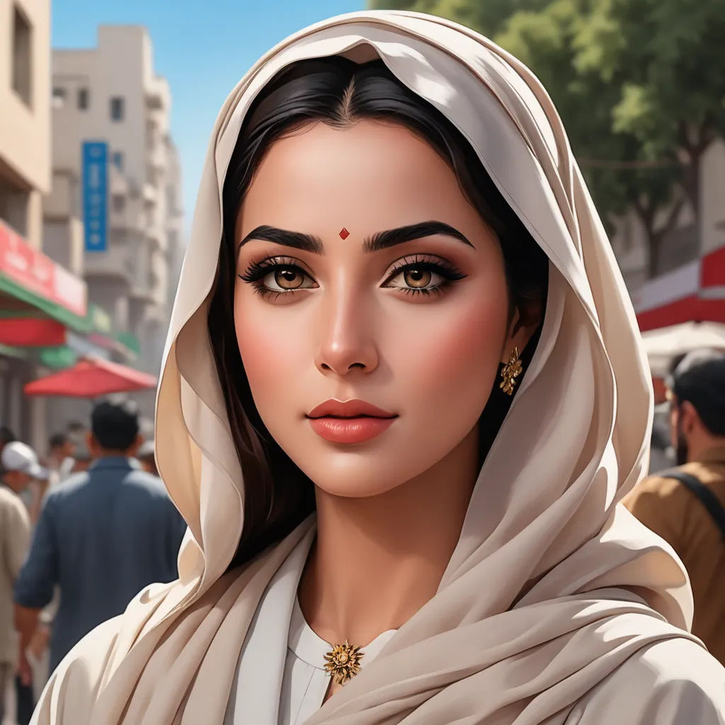 a woman in a white shawl and gold jewelry is standing in a crowded street with people in the background, qajar art, a digital painting, Charlie Bowater, highly detailed digital painting