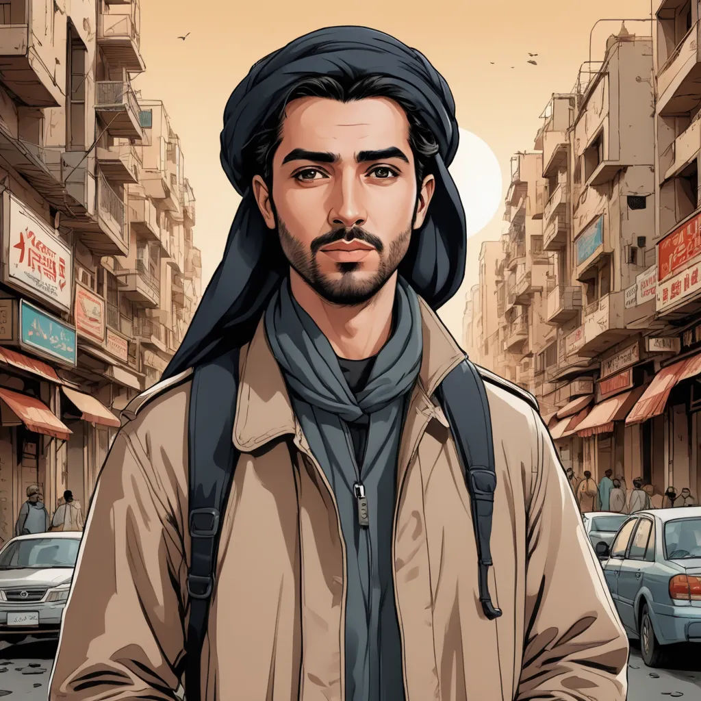 a man in a brown jacket and a black scarf on a street with cars and buildings in the background, serial art, a character portrait, Amir Zand, graphic novel