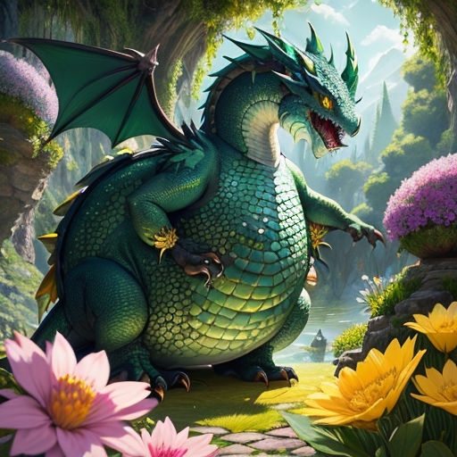 a green dragon sitting on top of a lush green field of flowers next to a forest filled with flowers