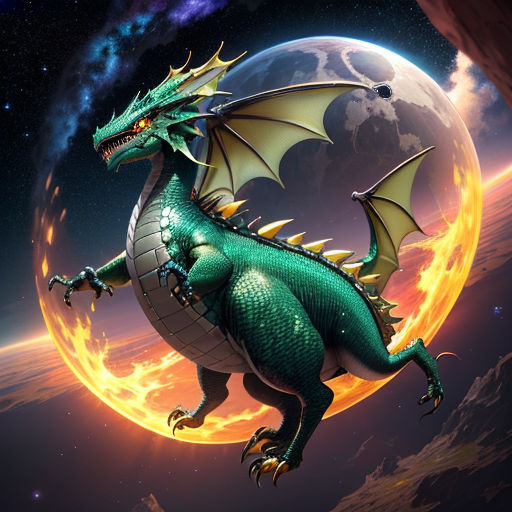 a green dragon sitting on top of a moon in the sky with a full moon behind it and a purple and blue sky