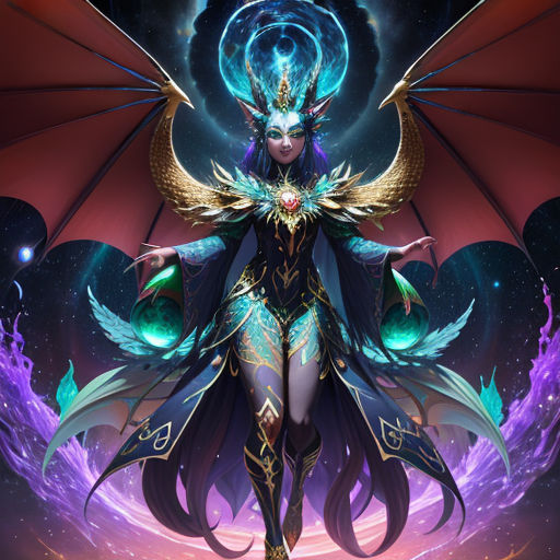 a woman with wings and a demon like body is standing in front of a purple and blue background with a glowing orb